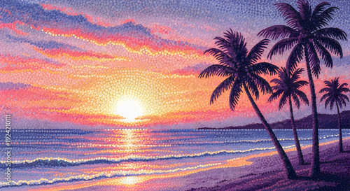 Tropical beach at sunset with palm trees and calm ocean waves on sandy shore