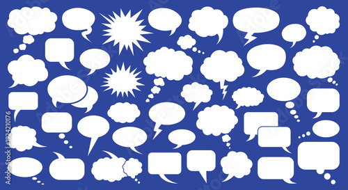 Graphic set of blank white speech balloons and comic thought clouds for social media messaging and UI design in flat vector style