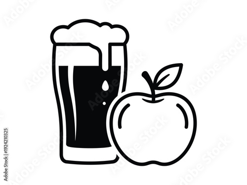 Glass of dark beer with foam and apple, beverage and fruit