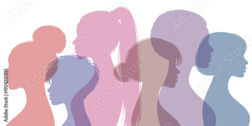 Female profile silhouettes collection. Women of different ethnicities stand side by side together. Women faces side view different hairstyles beauty fashion concept pastel colors
