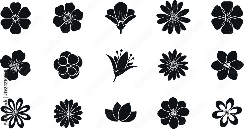 Obraz premium Black Floral Icon Set Featuring Stylized Flowers, Blossoms, Lotus, and Botanical Silhouettes for Logos, Patterns, Packaging, and Decorative Design Projects