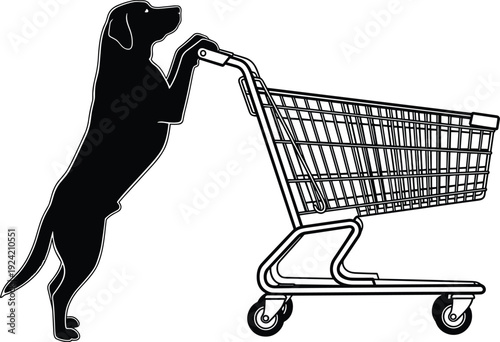 Dog pushing shopping cart black white 1 silhouette