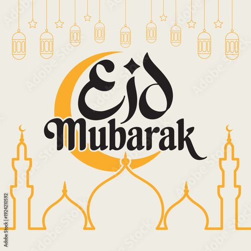 Eid mubarak with crescent moon and mosque
