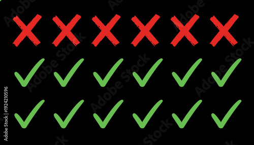 Red crosses and green checkmarks on a black background.