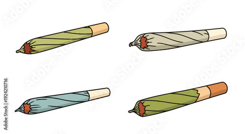 Four cartoon illustrations of hand rolled cigarettes with differing color schemes