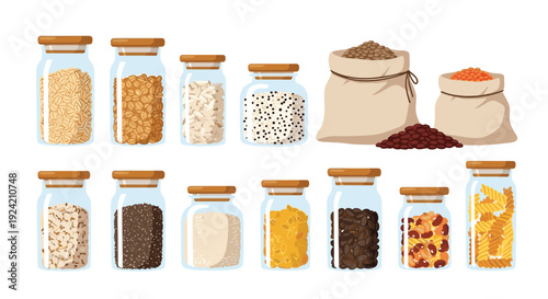 A flat vector illustration of glass jars and cloth bags filled with dry pantry staples like grains, beans, lentils, and pasta shapes.
