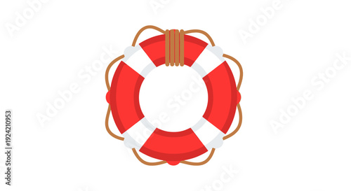 Red and white lifebuoy with rope isolated on white background
