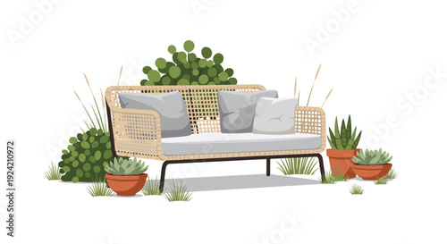 A woven outdoor sofa with light grey cushions sits surrounded by various potted succulents and green bushes against a white background.