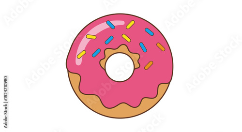 Cartoon donut with pink icing and colorful sprinkles on white background