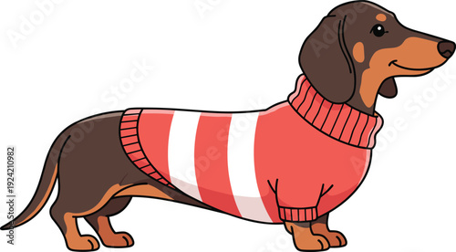 Cartoon dachshund dog wearing red and white striped sweater, cozy winter pet illustration, cute long‑bodied breed artwork, playful animal character design for companionship themes