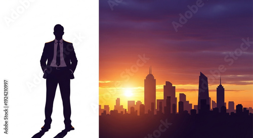 Confident businessman standing against a vibrant city skyline at sunset with a stunning purple and orange sky