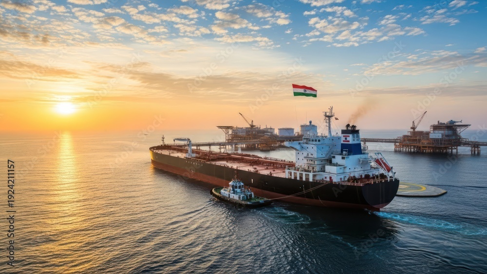 Fototapeta premium Large cargo ship sailing on the ocean under a beautiful sunset sky