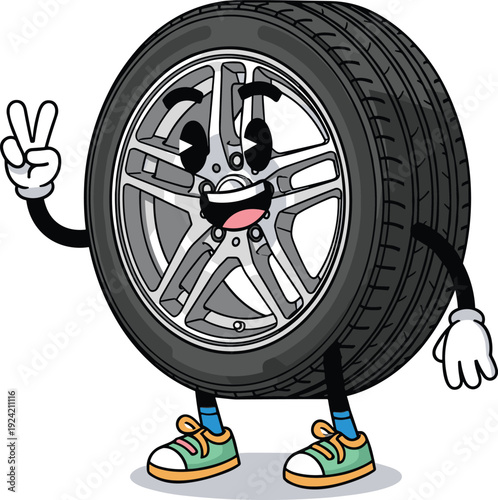 Cheerful Cartoon Tire Character with Face and Hands Wearing Sneakers Giving Peace Sign Gesture Isolated on White Background for Automotive Branding and Car Service