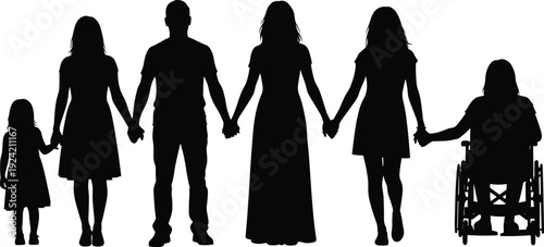 Black silhouette vector illustration of diverse individuals holding hands, including child, adults, and wheelchair user, symbolizing unity, inclusivity, and family support themes.