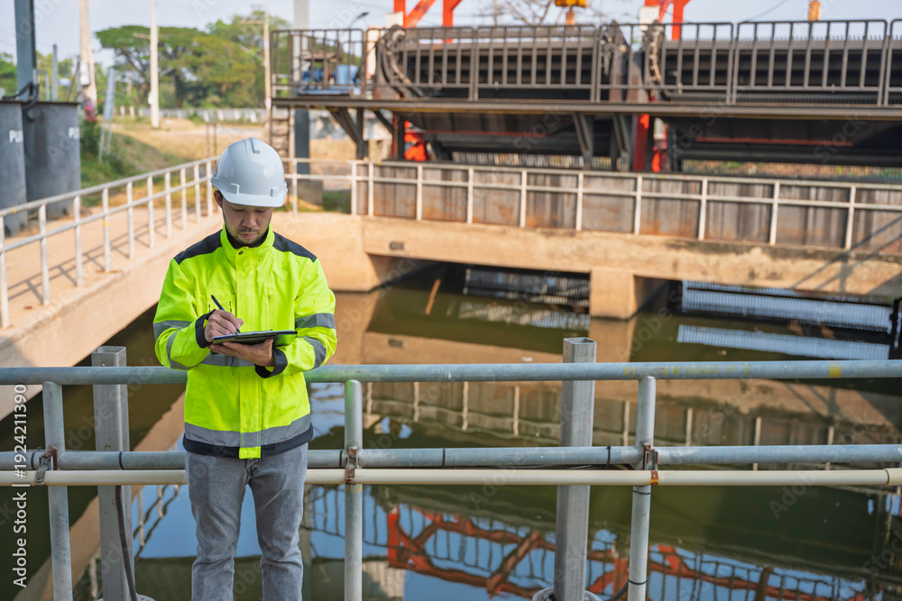 Naklejka premium Professional Asian engineer inspecting water quality at a wastewater treatment plant. He is carefully recording maintenance data on a clipboard during an industrial site safety survey.