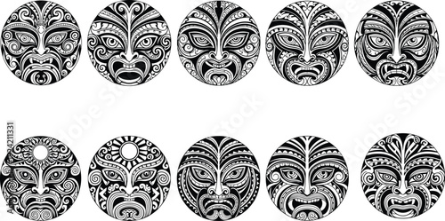 Collection of tribal mask designs featuring Polynesian and Maori inspired circular patterns, intricate black and white line art, cultural ornamental symbols for tattoo and graphic design