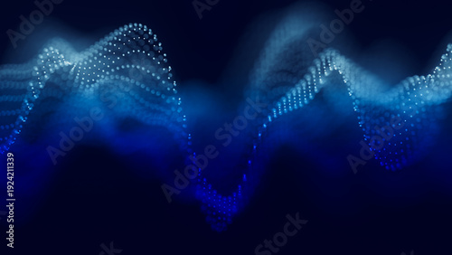 Audio blue waveform digital particle background. Abstract music dot waves equalizer. Futuristic sound wave visualization. AI synthetic voice technology. Tune print. Distorted frequencies.
