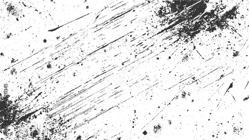 Black ink splatters and diagonal scratches on white textured background paint