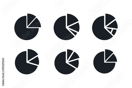 Six black pie charts with white sections silhouette on white background