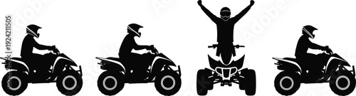 Black silhouette vector illustrations of ATV riders in helmets, showcasing dynamic poses, motion, and excitement, symbolizing adventure, sport, and outdoor recreation themes.
