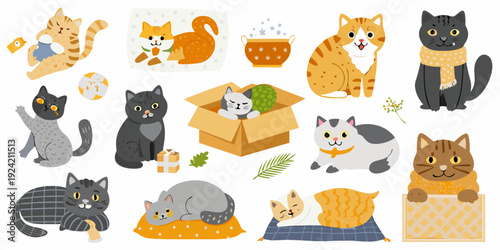 Collection of adorable cartoon cats with playful accessories and settings