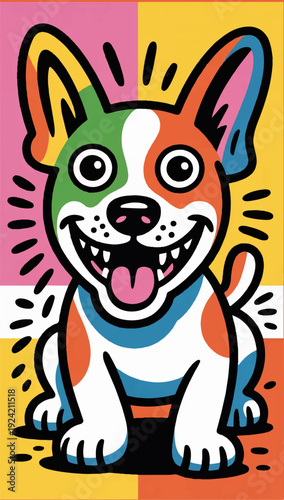 Vector doodle illustration of a funny cartoon dog drawn in black marker on a colorful bright background.