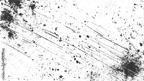 Black ink splatters and scratches on a white textured background splash