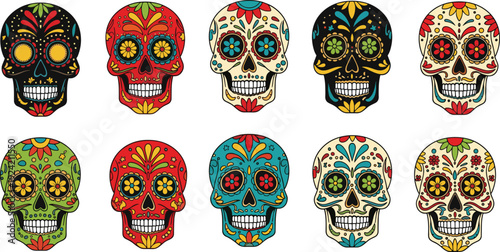 Colorful Sugar Skull Collection with Traditional Mexican Day of the Dead Ornaments and Floral Patterns Isolated on White Background for Dia de los Muertos