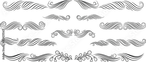 Black decorative flourishes and dividers with swirling lines and leaf shapes curve