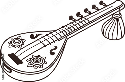 Traditional Veena Musical Instrument. Indian Classical Veena Instrument. Veena String Instrument Illustration. South Indian Veena Design. Saraswati Veena Cultural Symbol. Classical Music Veena Concept