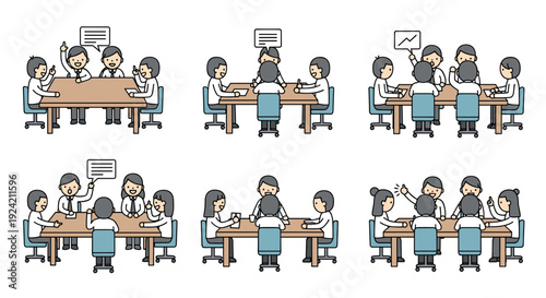 Business Meeting and Office Discussion Illustration Set with Team Collaboration, Communication, Brainstorming, and Conference Scenes for Corporate Work Environments
