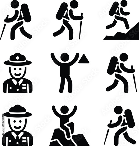 Hiking and trekking icons set with backpacker, mountain climber and park ranger symbols isolated on white background, black solid glyph outdoor adventure vector collection