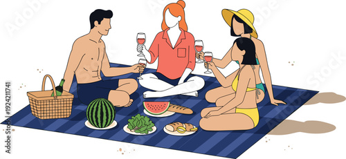 Group of friends enjoying summer picnic outdoors with wine, watermelon, croissants, and fresh greens on striped blanket, celebrating leisure, relaxation, and social gathering at park or beach