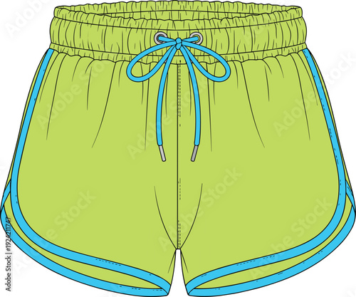 Bright lime green athletic shorts with blue trim, elastic waistband, drawstring bow, sportswear fashion design, casual activewear vector illustration
