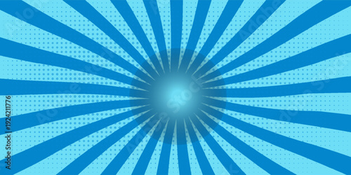 Comic background. Pop art texture. Starburst cartoon style. Anime design with explosion effect for print. Fun dot pattern. Blue backdrop with halftone gradient. Funny line frame.