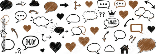 Hand‑drawn doodles and communication icons illustration featuring speech bubbles, thought clouds, arrows, hearts, houses, crowns, punctuation marks, casual sketch style for creative design projects.
