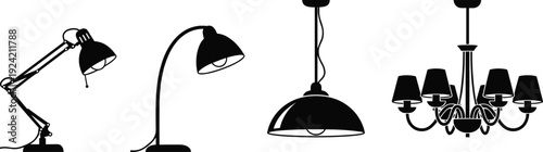 Black silhouette vector illustrations of desk lamp, floor lamp, pendant lamp, and chandelier, symbolizing interior lighting, home decor, and design elements for creative projects.