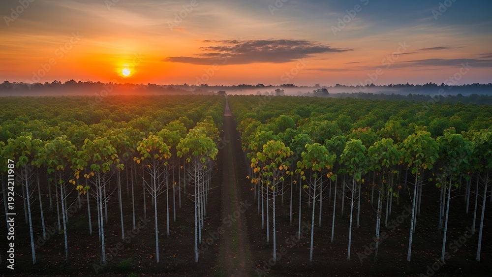 Obraz premium Vineyard Landscape at Sunset with Rows of Grapevines.