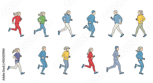 Illustration of people running depicting different stages of a running stride
