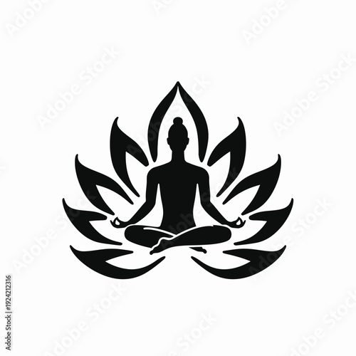 Meditating figure in lotus position with floral motif silhouette illustration