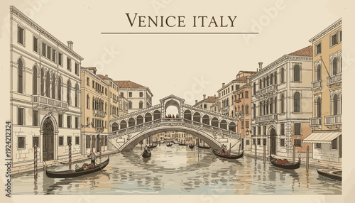Vintage illustration of Rialto Bridge in Venice Italy.