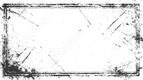 Distressed black rectangular frame with grunge texture and scattered speckles white
