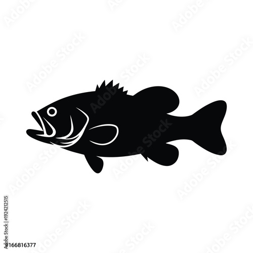 Black silhouette of a largemouth bass fish swimming to the left