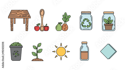 Eco-Friendly Collection: An array of sustainable living elements are presented, emphasizing nature-conscious practices with illustration style. 