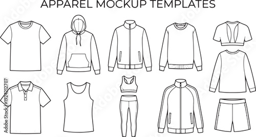 Apparel mockup templates for clothing design featuring various garments on a white background including hoodies jackets shirts and pants for fashion illustration and product visualization