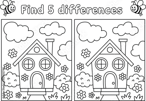 Find five differences between two cartoon line of a house with flowers and clouds and two smiling bees