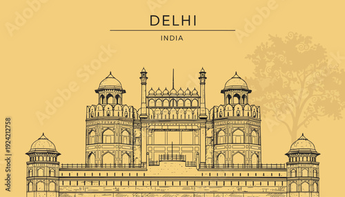 Delhi India architectural illustration of historical building.