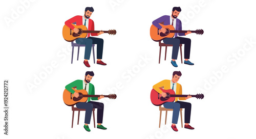 Four illustrations of a bearded man playing an acoustic guitar
