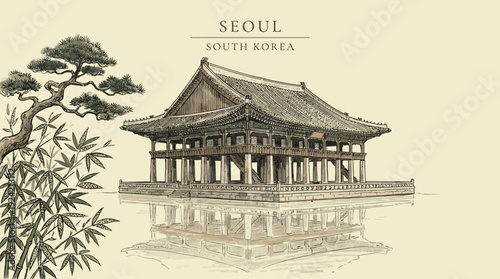 Traditional Korean Architecture in Seoul South Korea Illustration.