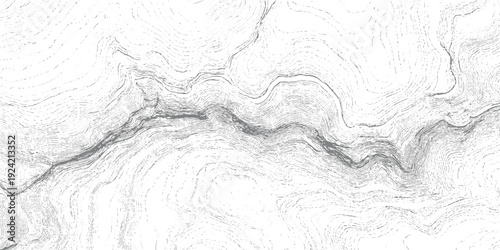 Topographic contour lines representing a winding river valley with dense parallel lines indicating steep terrain and lighter lines showing gentler slopes in grayscale